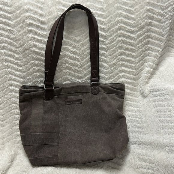 Super cute BELLA TAYLOR SHOULDER BAG, Gray Canvas, Leather Trim - Picture 1 of 11